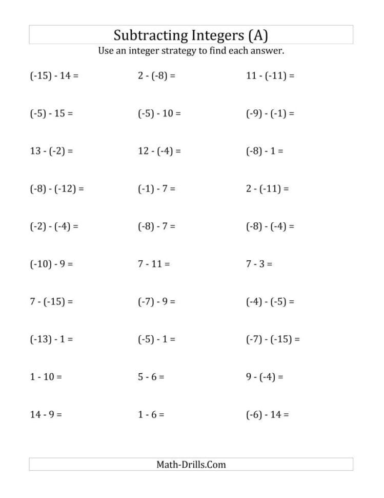Subtracting Integers From 15 To 15 Negative Numbers