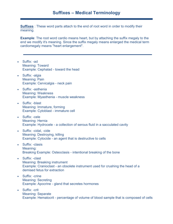 Medical Terminology Suffixes Worksheet