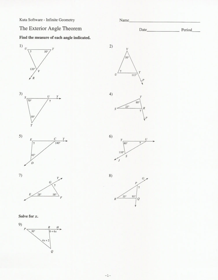 Sum Of Interior Angles A Triangle Worksheet Pdf Exterior