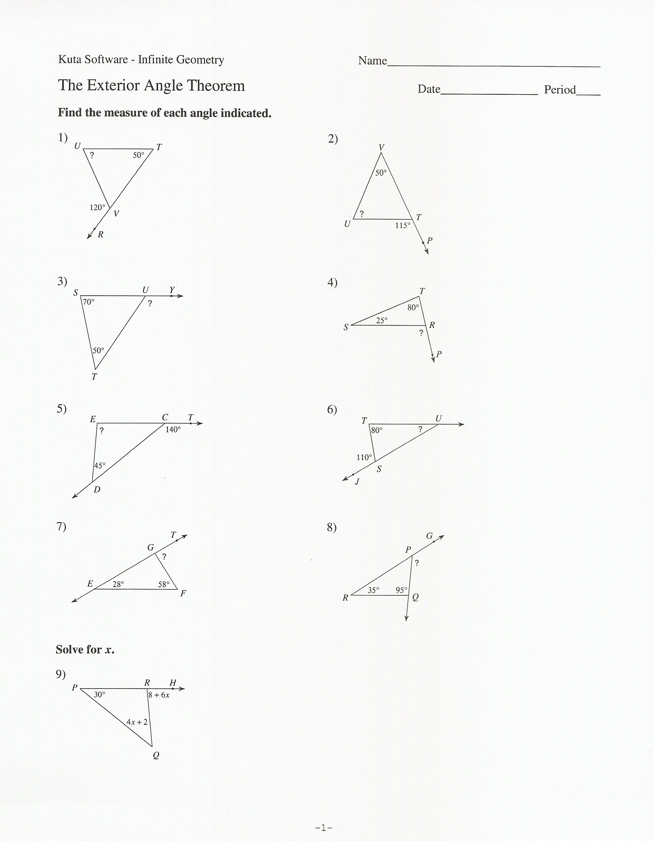 Sum Of Interior Angles A Triangle Worksheet Pdf Exterior 1 