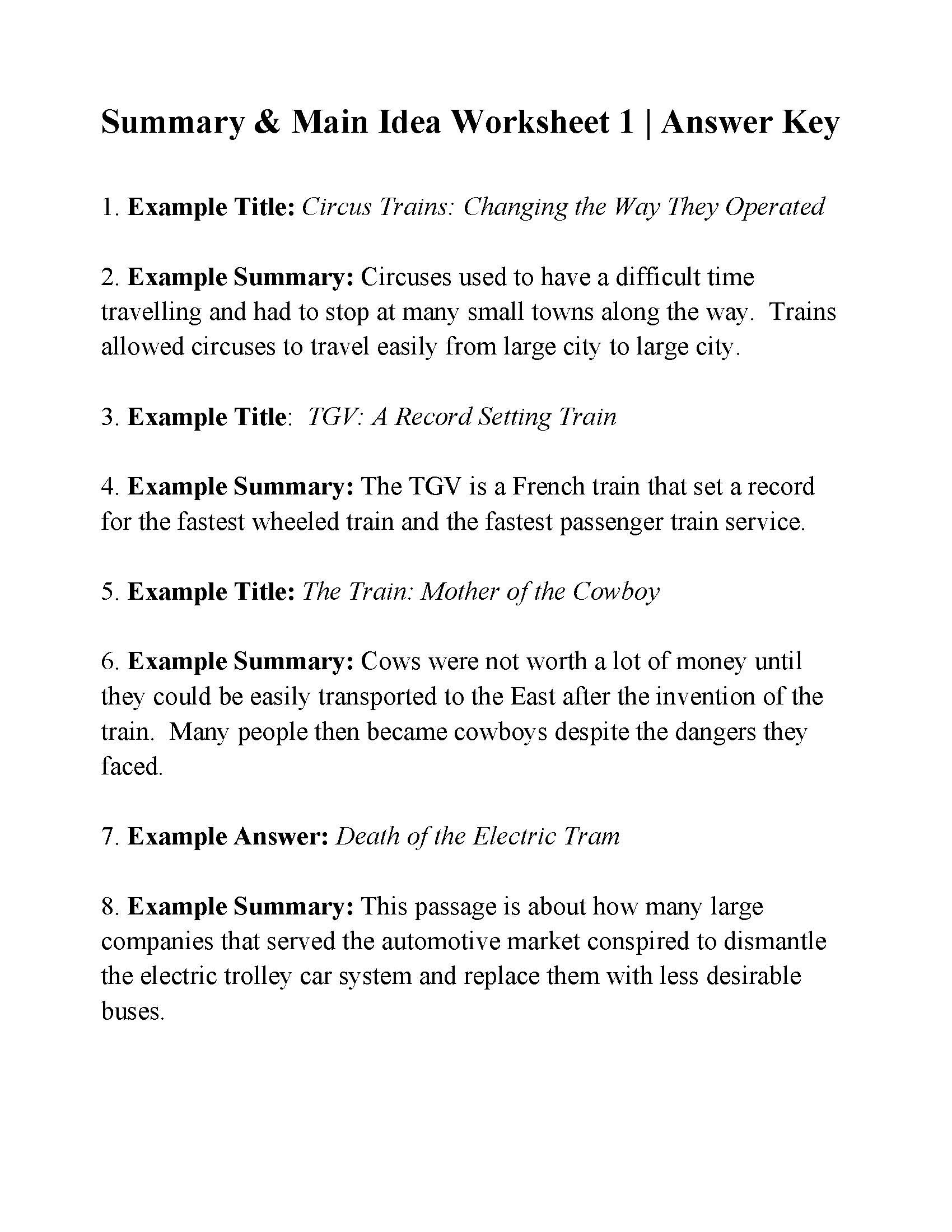 Summary And Main Idea Worksheet 1  Answers