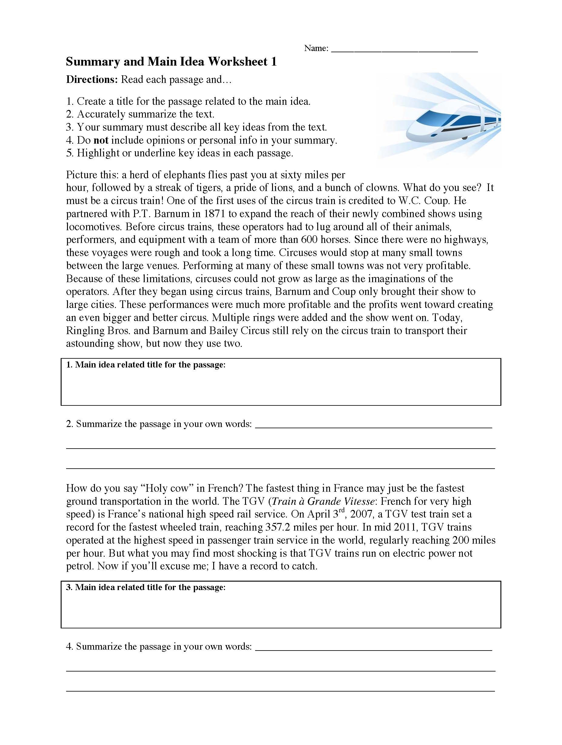 Summary And Main Idea Worksheet 1  Preview