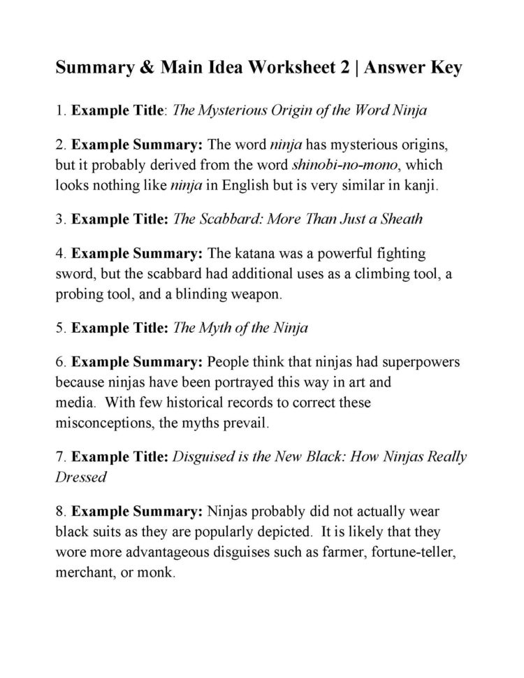 Summary And Main Idea Worksheet 2  Answers