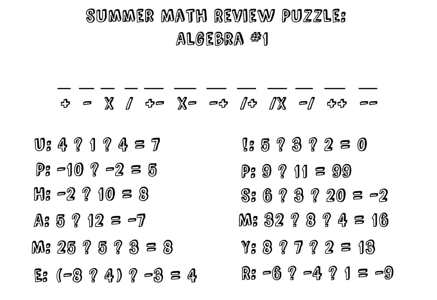 Summer Math Review Puzzle Algebra I 1  Stick Figure