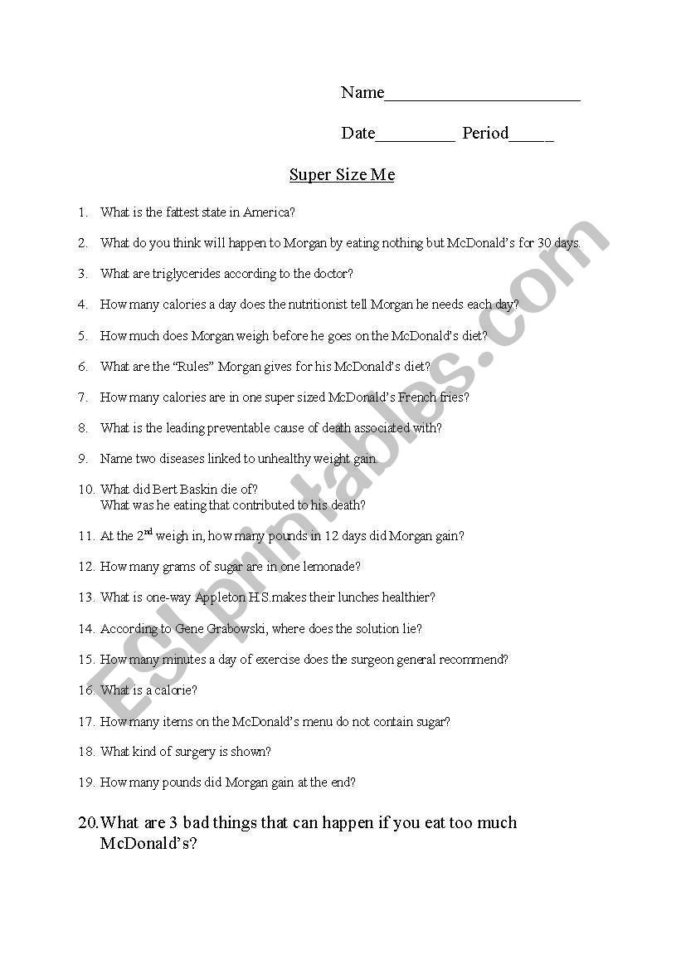 Super Size Me Movie Questions  Esl Worksheetjenharter