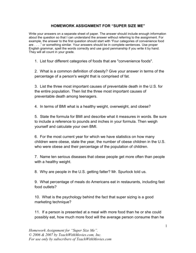 Super Size Me" Worksheet