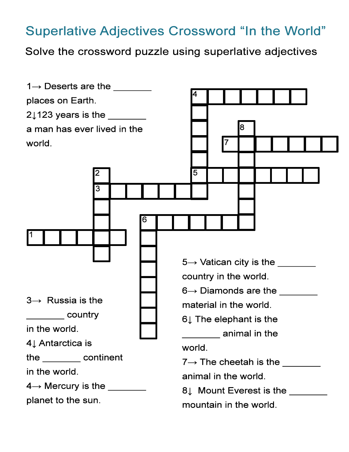 Superlative Adjectives Worksheet  "in The World" Crossword Puzzle