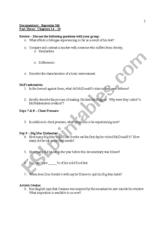 Supersize Me Documentary Worksheet  Esl Worksheetcsuchy