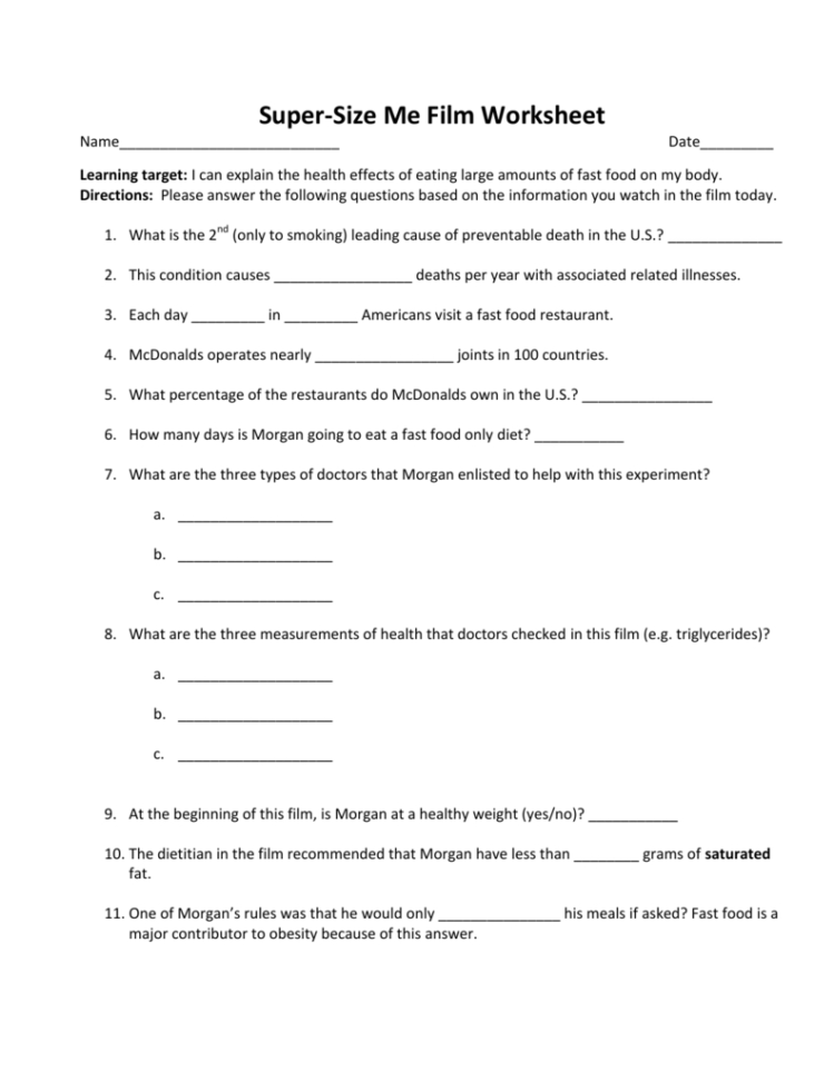 Super Size Me Worksheet Answers