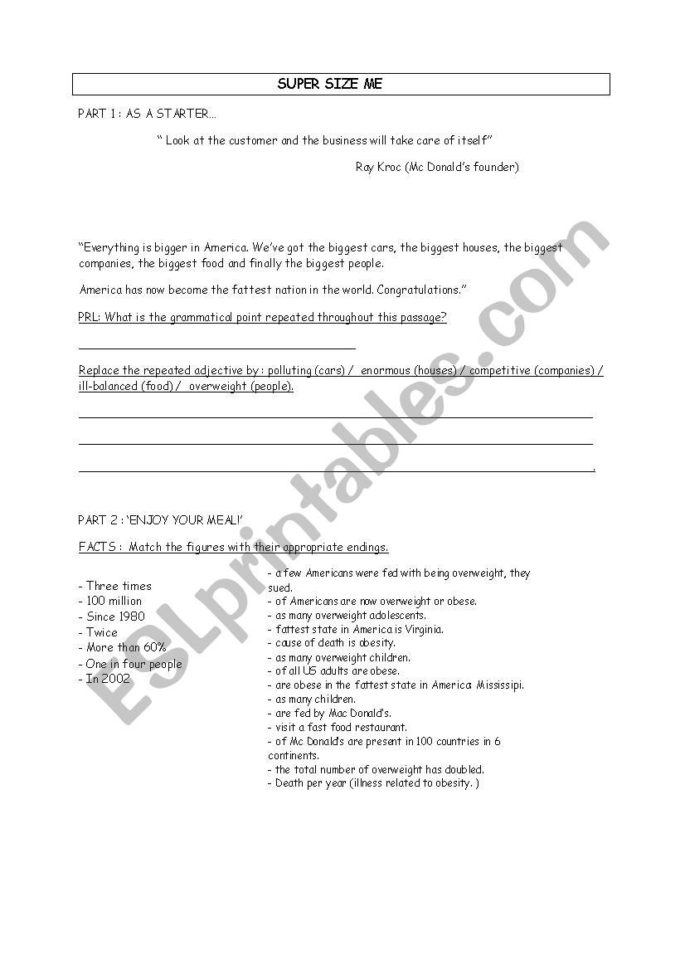 Supersize Me Worksheet  Esl Worksheetelly111