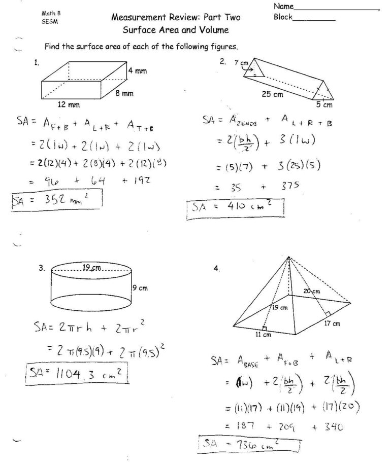 Surface Area And Volume Worksheets Grade 10 — Db 