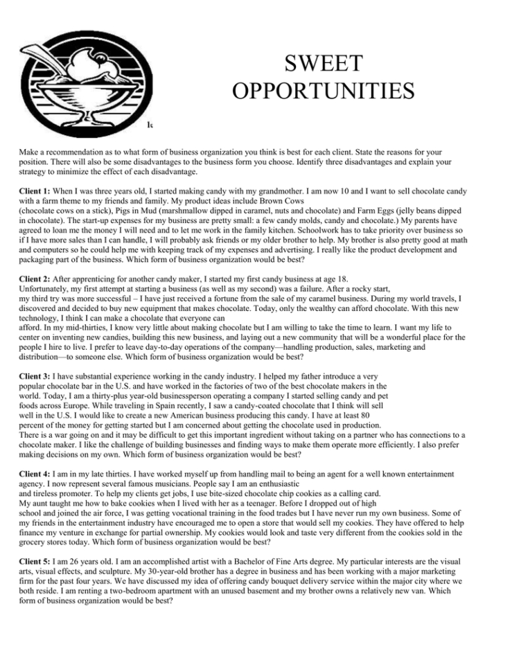 Sweet Opportunities Make A Recommendation As To What Form