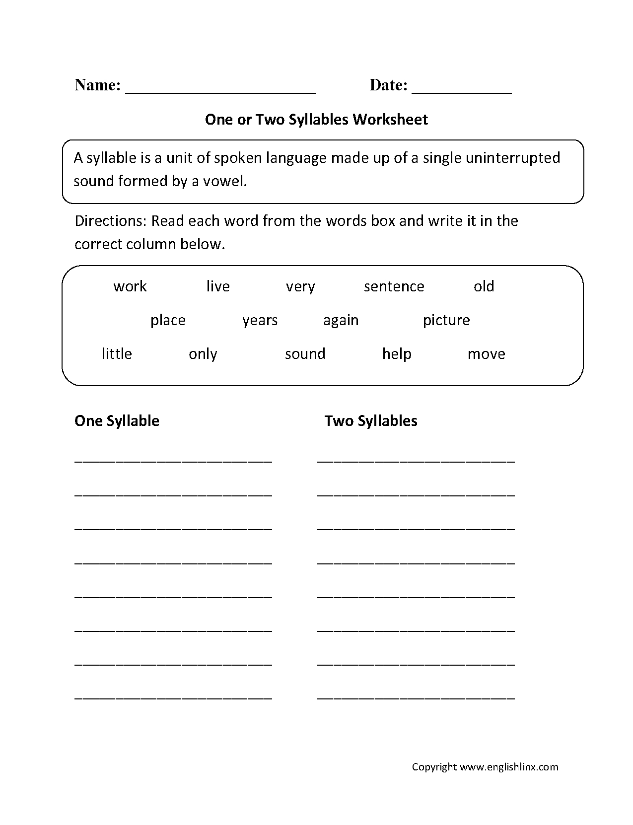 Syllables Worksheets  One Or Two Syllables Worksheet