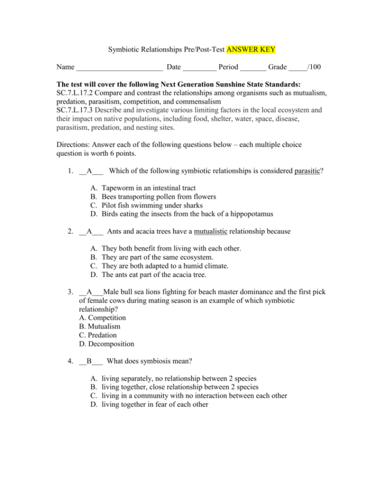 Symbiotic Relationships Quiz