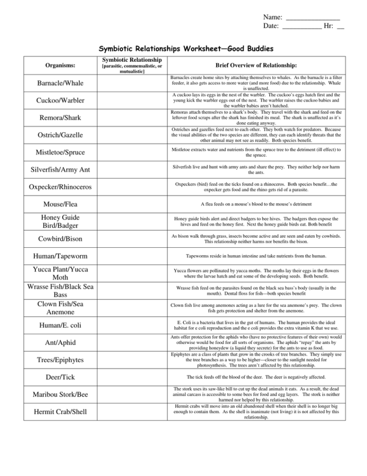 Symbiotic Relationships Worksheet—Good Buddies Barnacle