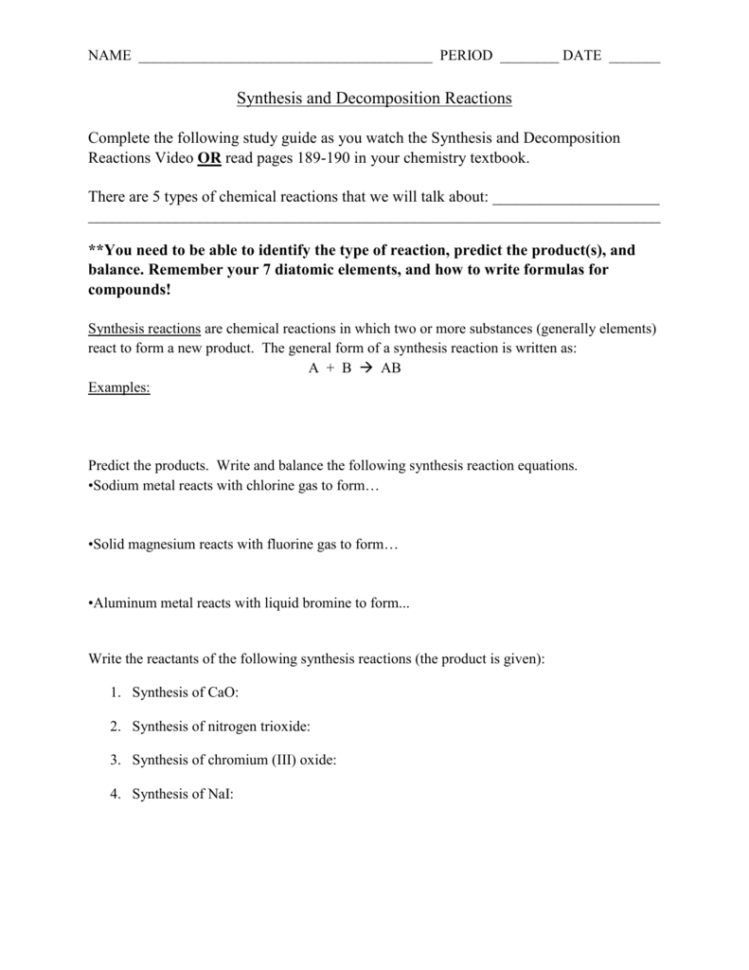 Synthesis And Decomposition Reactions