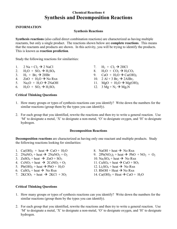 Synthesis And Decomposition Reactions