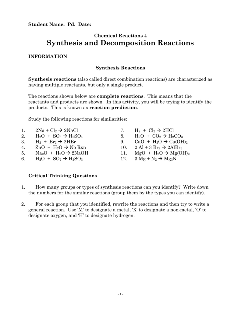 Synthesis And Decomposition Reactions