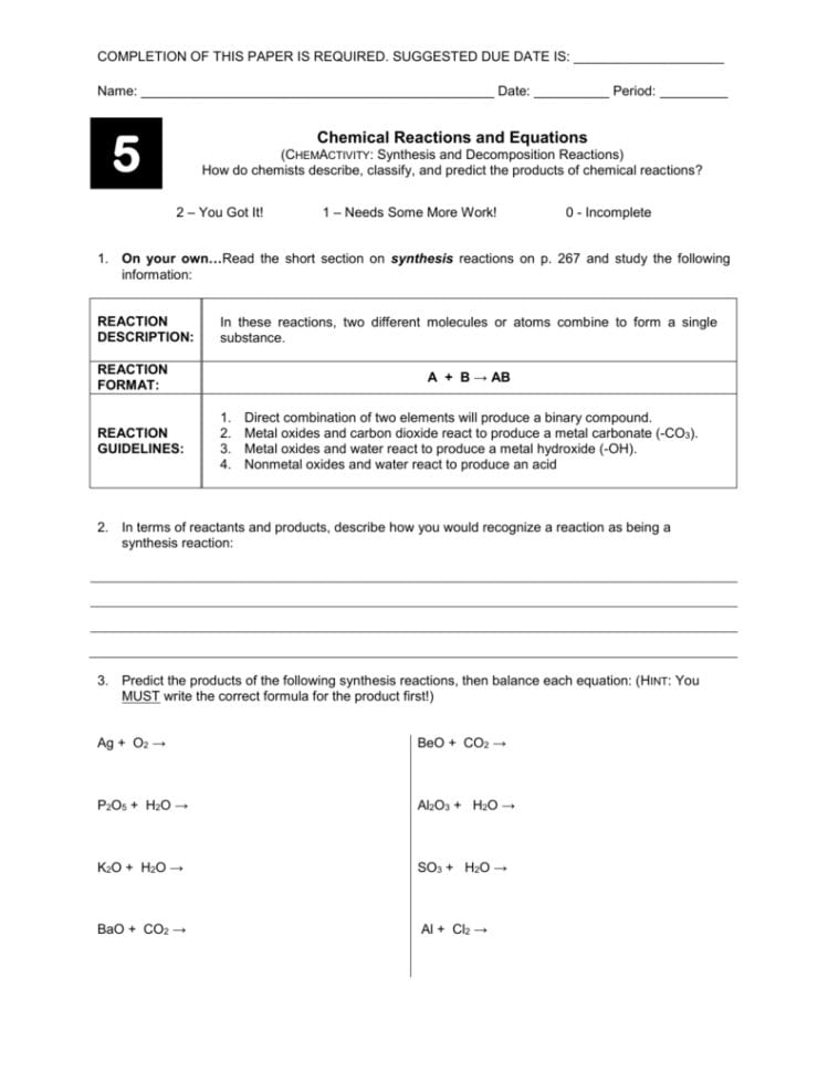 Synthesisdecomposition Reactions Synthesisdecomposition Reactions