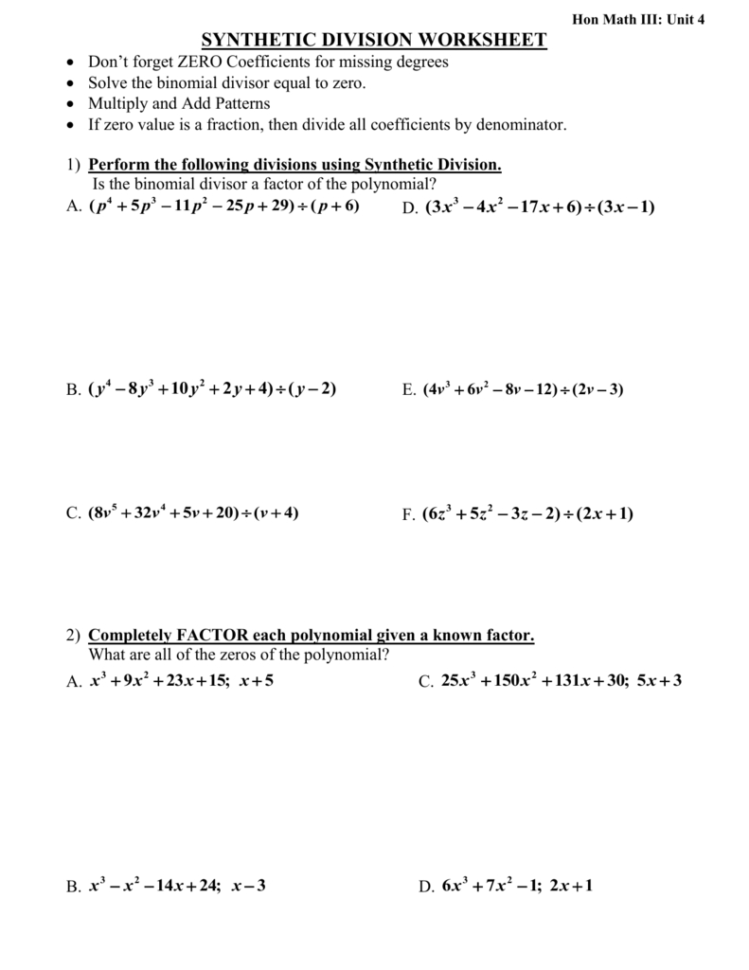Synthetic Division Worksheetdon