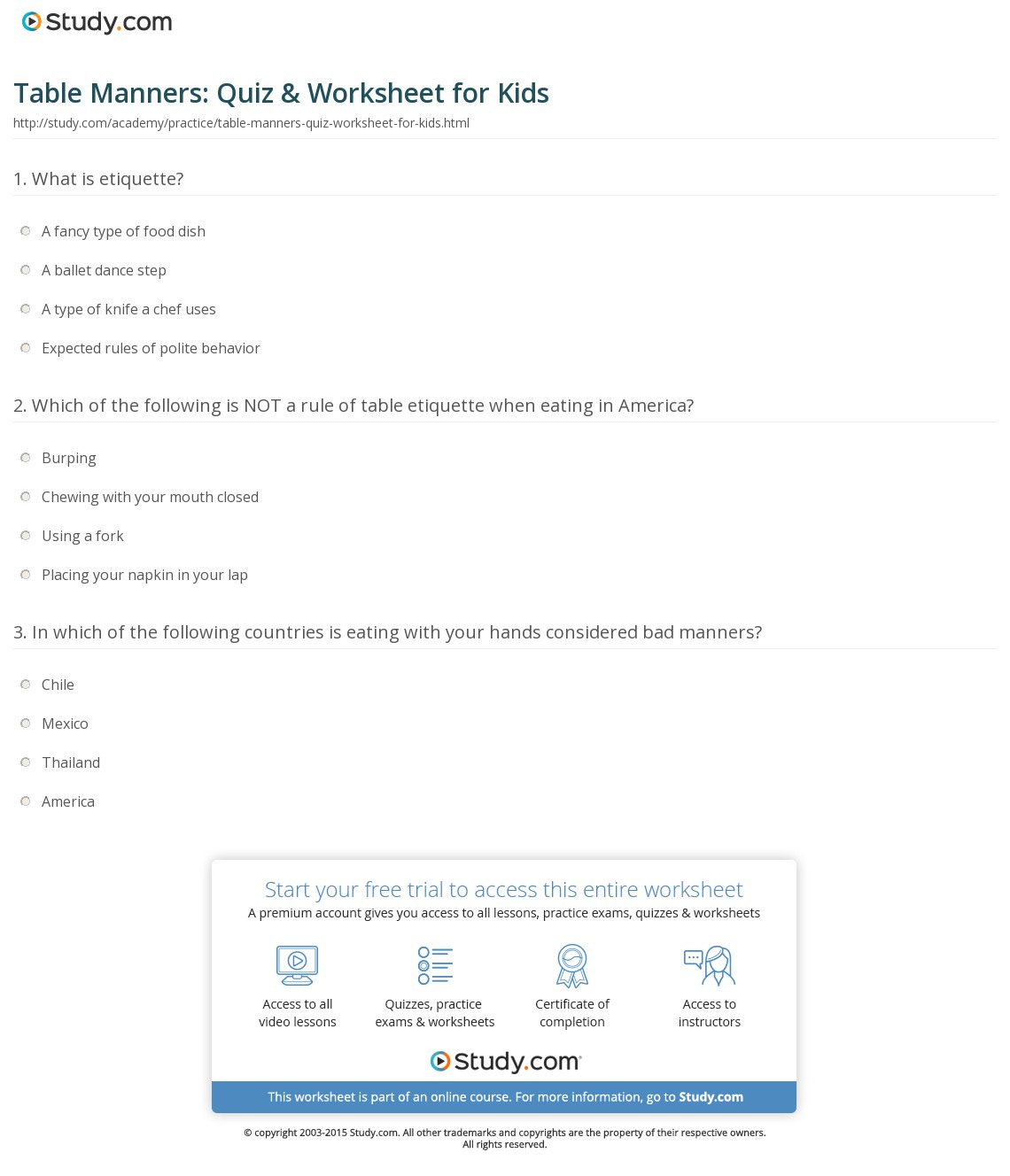 Table Manners Quiz  Worksheet For Kids  Study