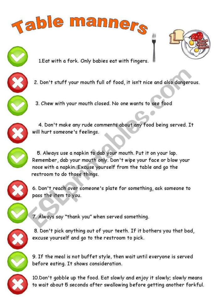 Table Manners  Rules  Esl Worksheetkopciuszek Table Manners  Rules  Esl Worksheetkopciuszek