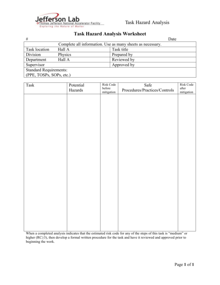 Task Hazard Analysis Worksheet