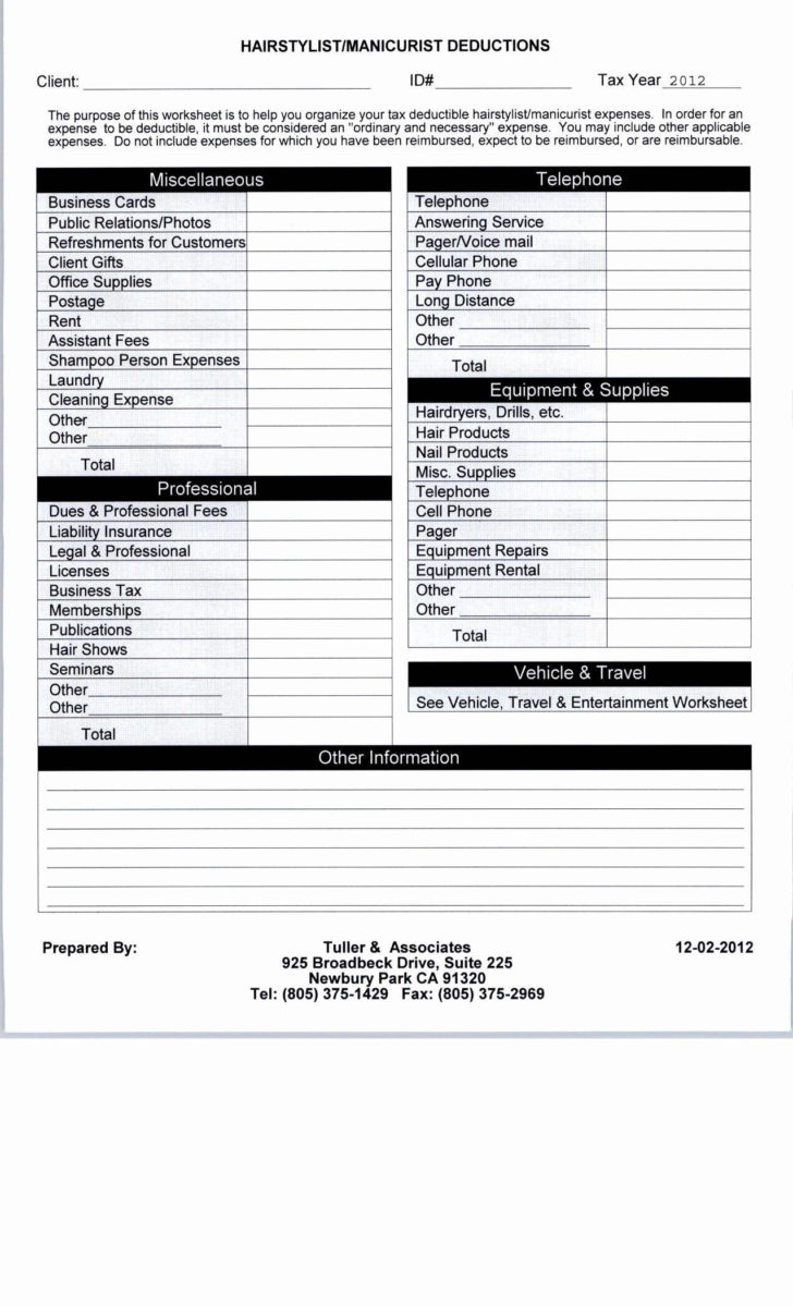 Printable Tax Deduction Worksheet — Db