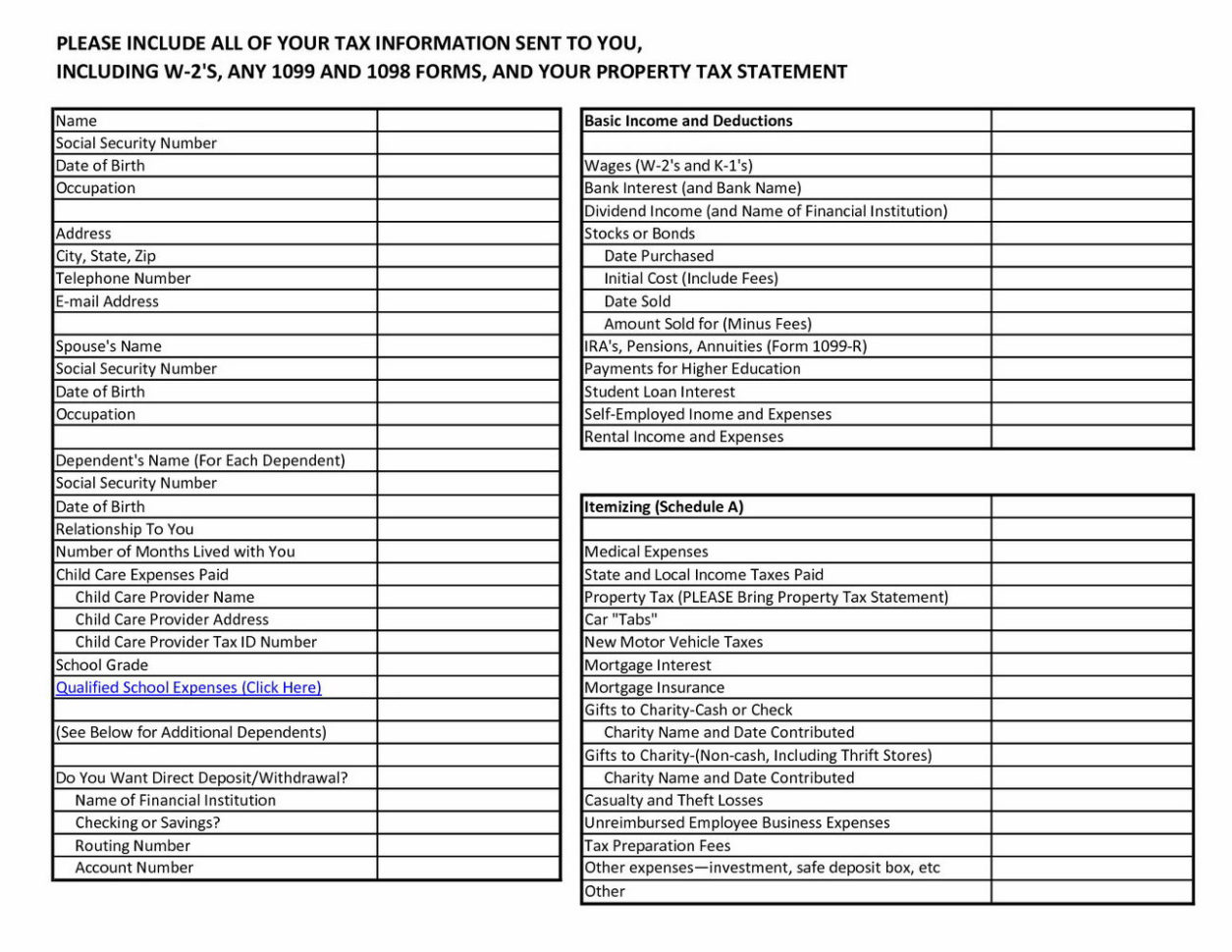 Tax Prep Worksheet 2018  Universal Network