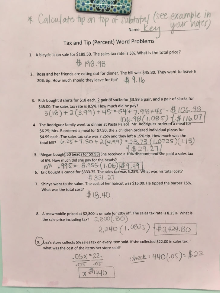 Tax Tip And Discount Word Problems Worksheet Answers  Yooob