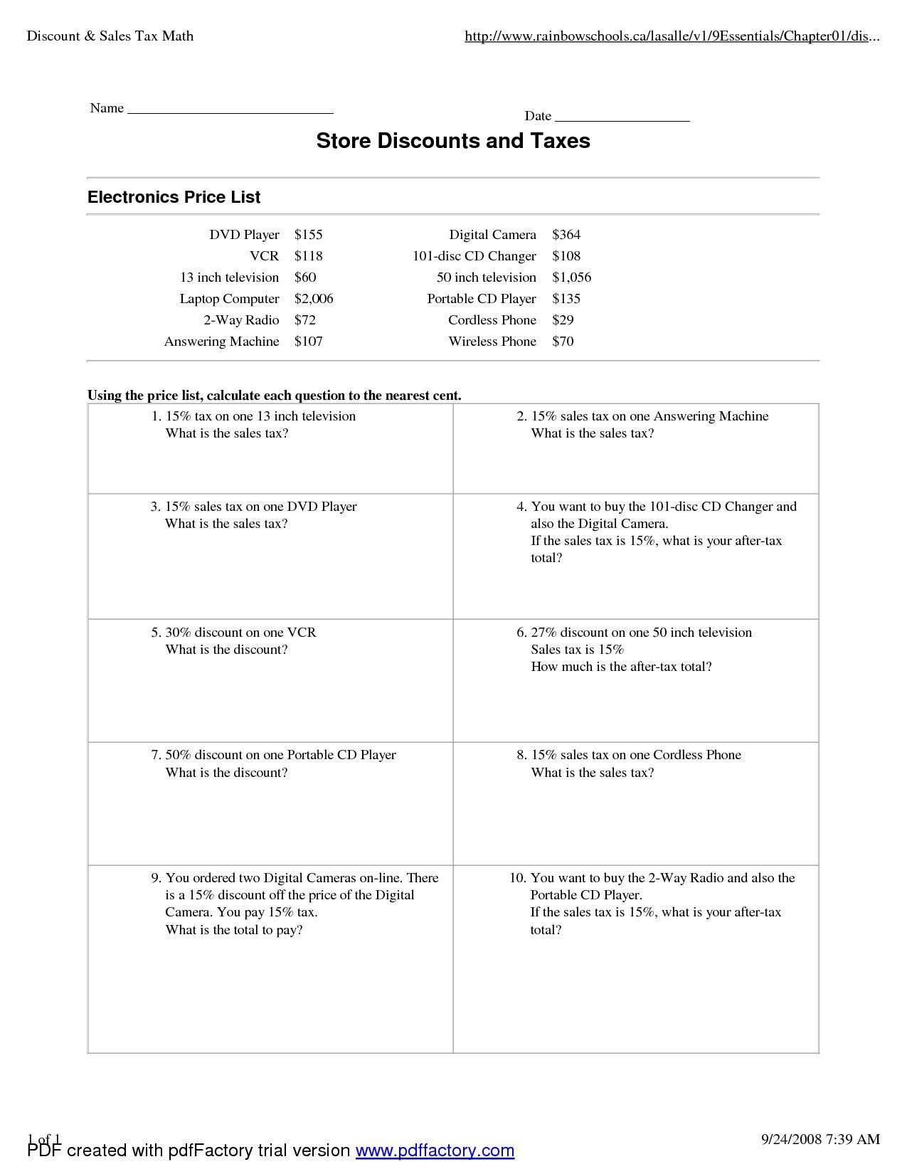 Taxation Worksheet Answers
