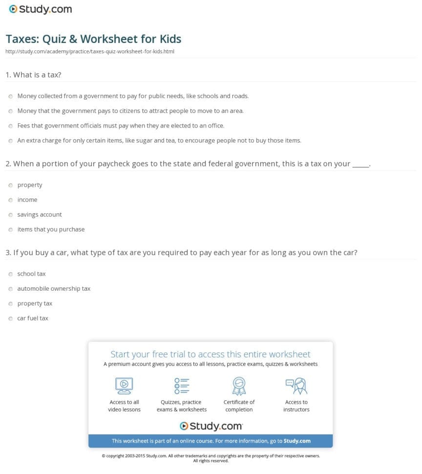 Taxes Quiz  Worksheet For Kids  Study