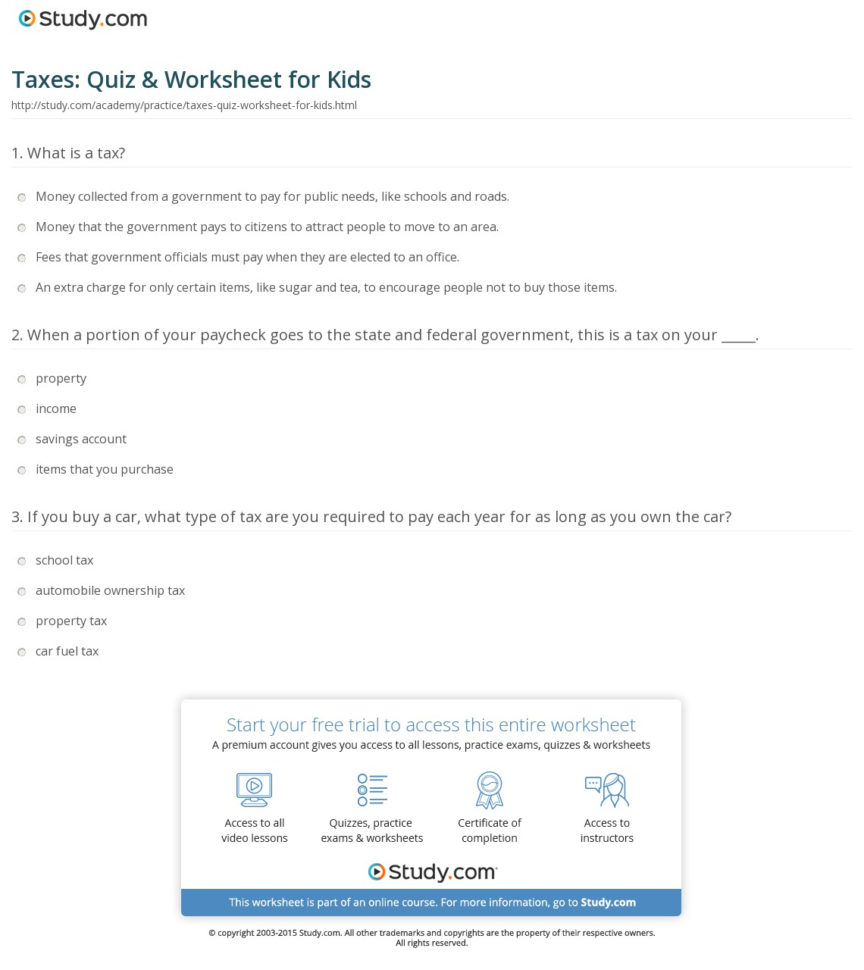 Taxes Quiz  Worksheet For Kids  Study
