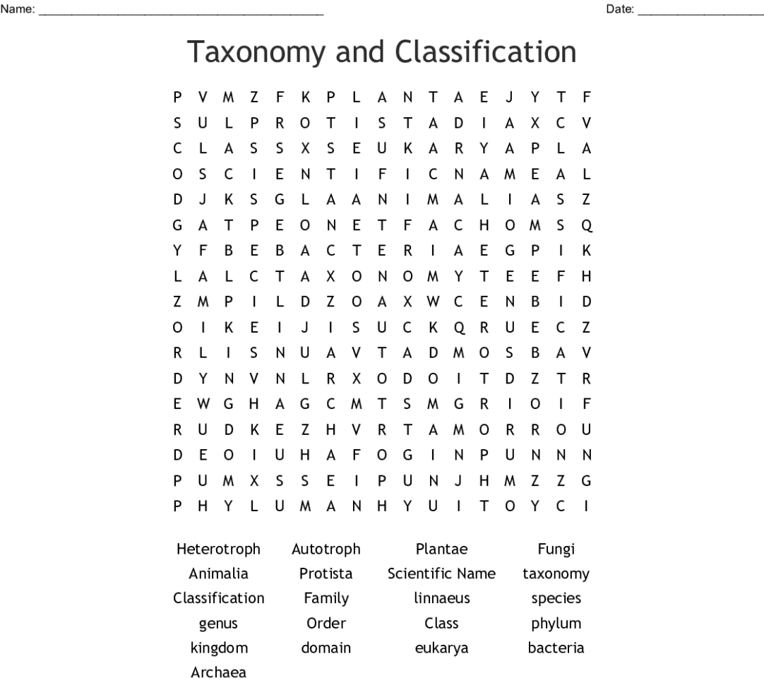 Taxonomy And Classification Word Search  Word
