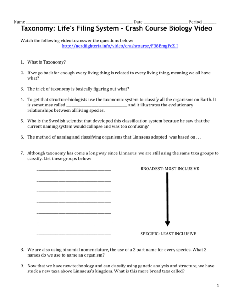 Taxonomy Video Worksheet