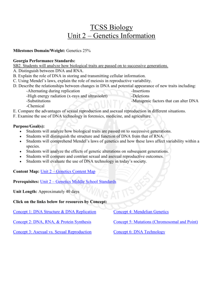 Tcss Biology Unit 2 – Genetics Information
