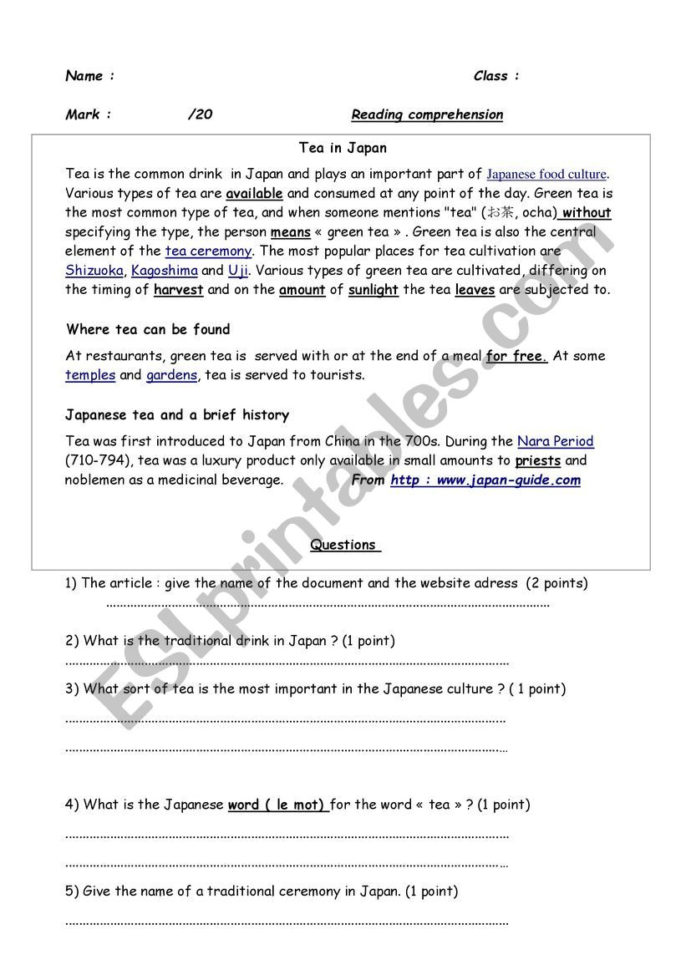 Tea In Japan A Reading Comprehension Assessment  Esl