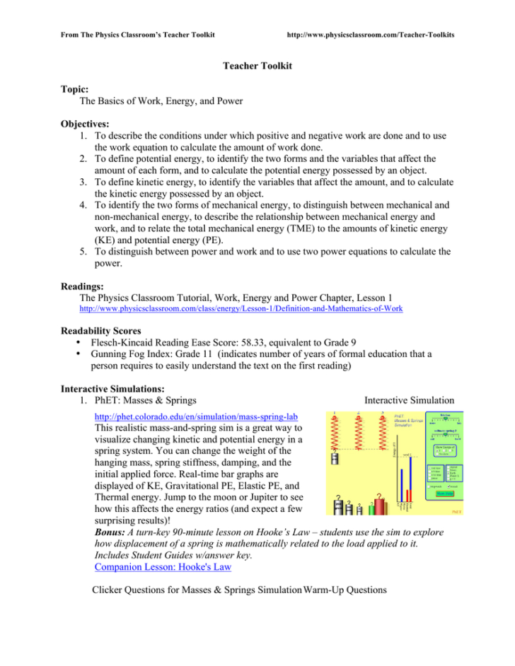 Work Energy And Power Worksheet Answers Physics Classroom — db-excel.com