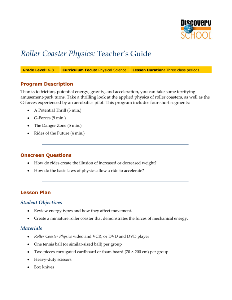 Teachers Guide Roller Coaster Physics