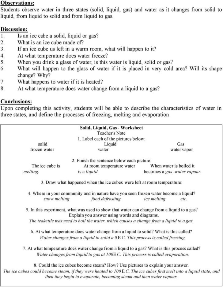 Solid Liquid Gas Worksheet
