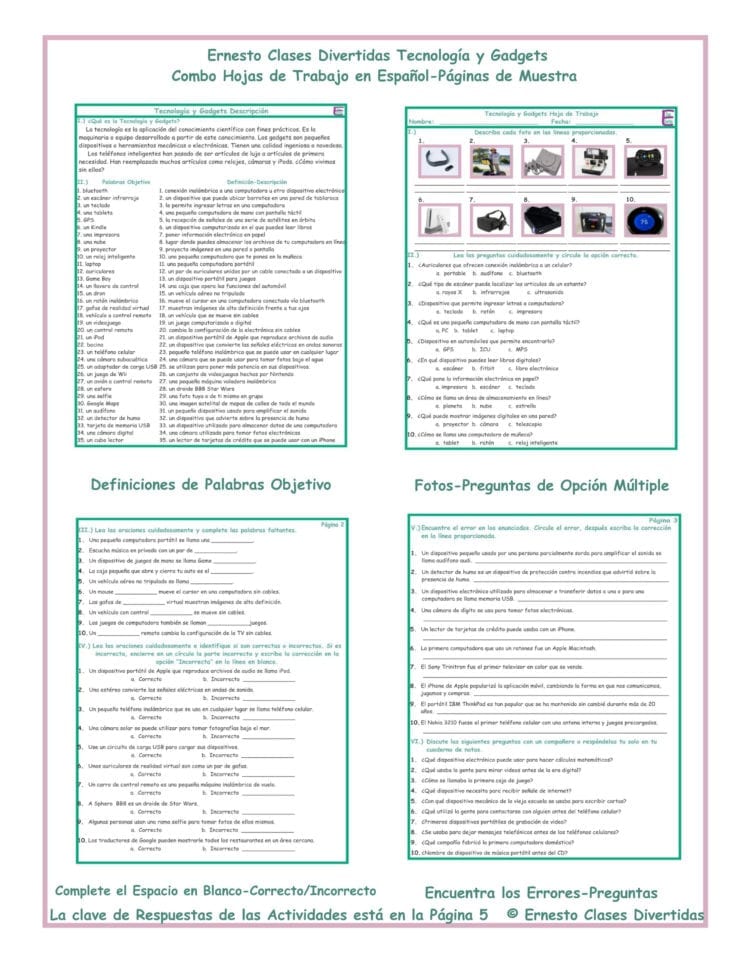 Technologygadgets Combo Activities Spanish Worksheets