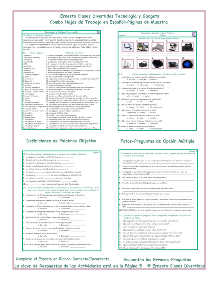 Technologygadgets Combo Activities Spanish Worksheets