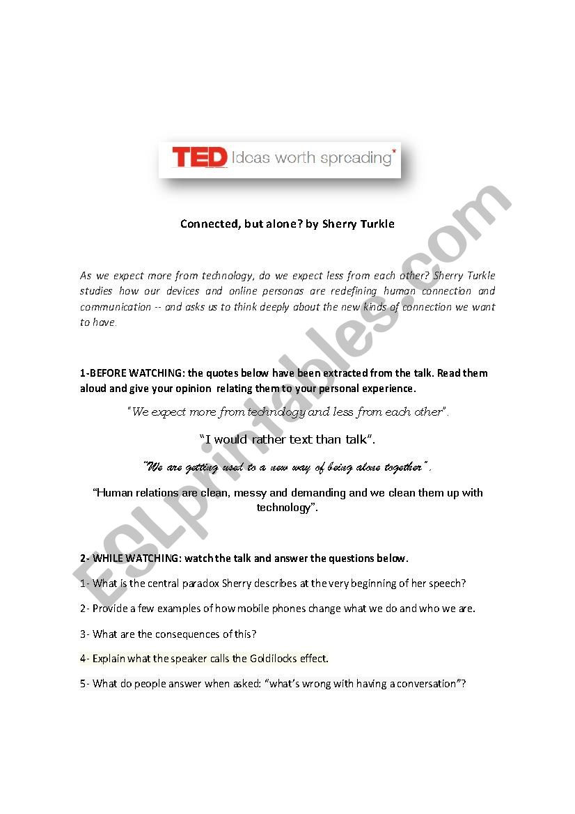 Ted Talk Connected But Alone With Key  Esl Worksheet