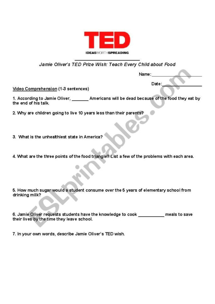 Ted Talk Handout About Food Jamie Oliver  Teach Every Ted Talk Handout About Food Jamie Oliver  Teach Every