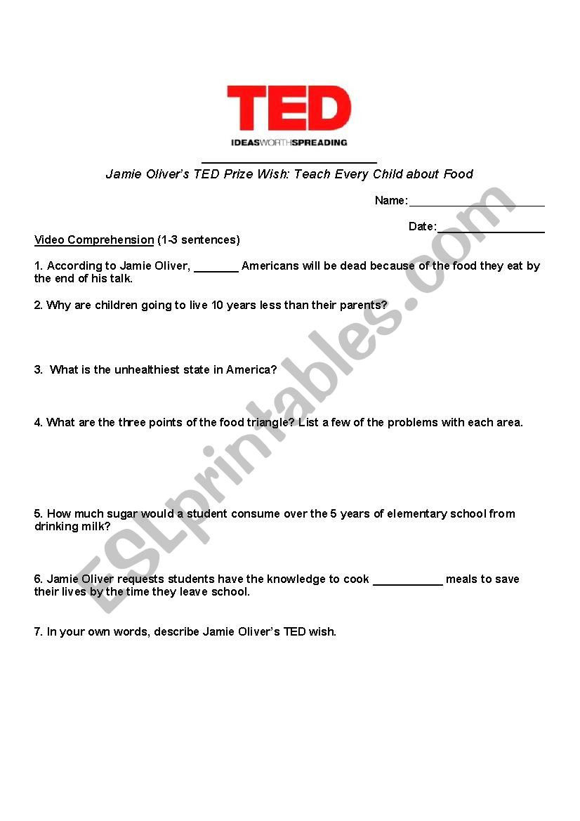 Ted Talk Handout About Food Jamie Oliver  Teach Every