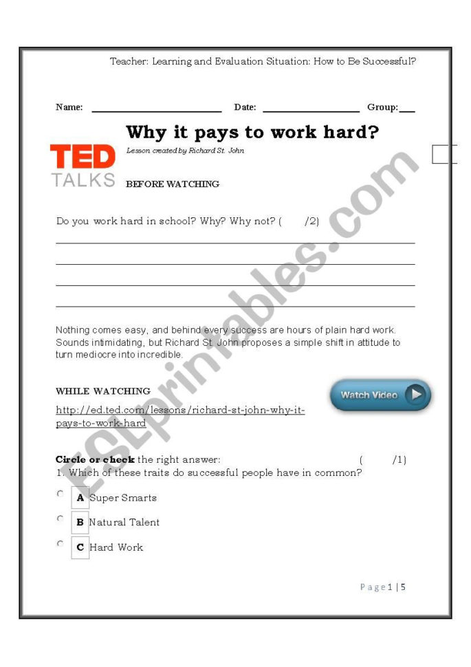 Tedtalk Why It Pays To Work Hard  Esl Worksheetlara2016