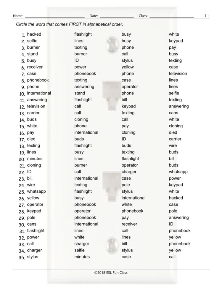 Telephones Alphabetical Order Worksheet