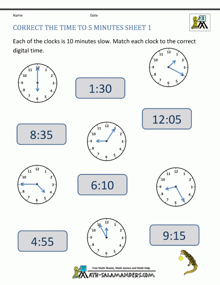 Telling Time Clock Worksheets To 5 Minutes
