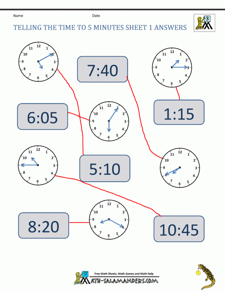 Telling Time Clock Worksheets To 5 Minutes