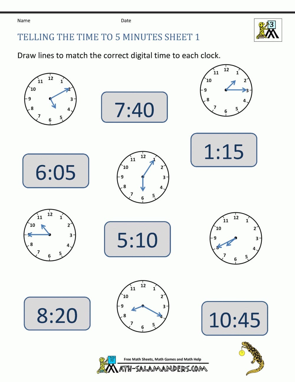 Telling Time Clock Worksheets To 5 Minutes
